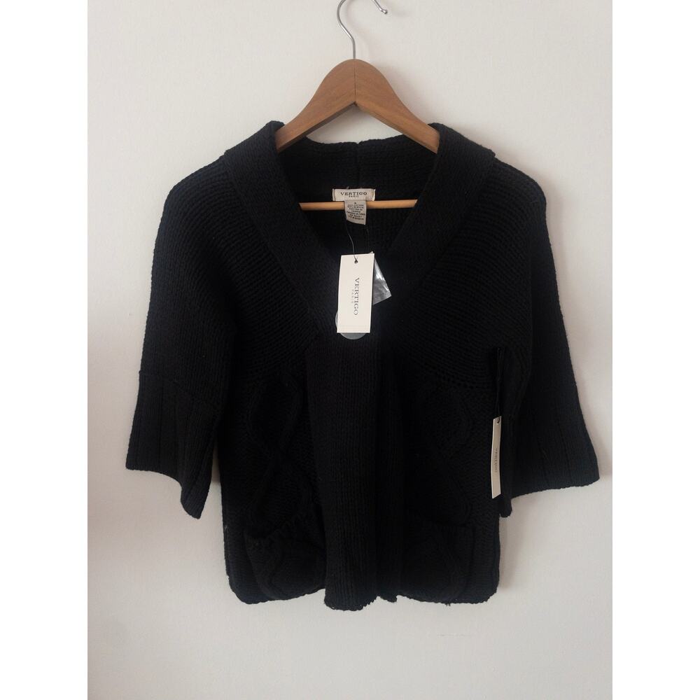 Vertigo Paris One Button Chunky Knit Short Sleeve Cotton Black Cardigan Sweater